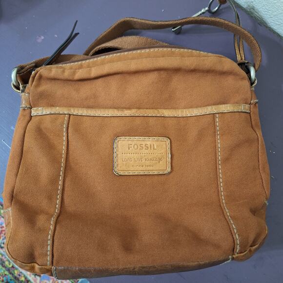 Vintage Fossil canvas leather brown crossbody Bag purse - Picture 5 of 8